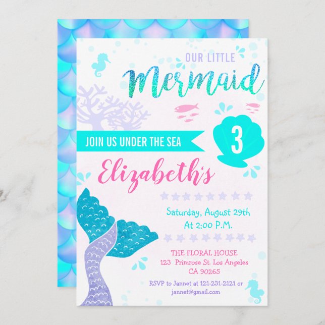 Mermaid or Under The Sea Splash Aqua Teal Birthday Invitation (Front/Back)