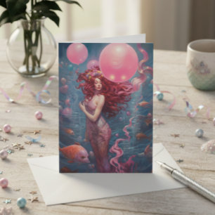 Mermaid  Painting Birthday Balloons Pink Card
