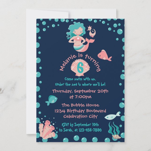 Mermaid Party | Girl's 6th Birthday Party Invitation (Front)