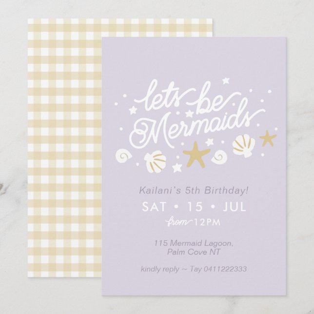 Mermaid Party Lilac & Gingham Girls Birthday Invitation (Front/Back)