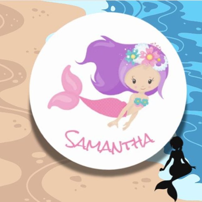Mermaid Party Purple Classic Round Sticker (perfect for personalizing laptops, notebooks, and gifts. Express your style today!)