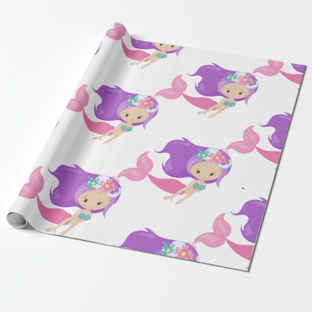 Mermaid Party Purple Wrapping Paper  (Unrolled)