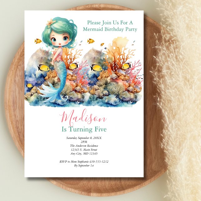 Mermaid Party Trendy Popular Little Girls Birthday Invitation (Mermaid Girls Birthday Invitation. Coral Sea life)