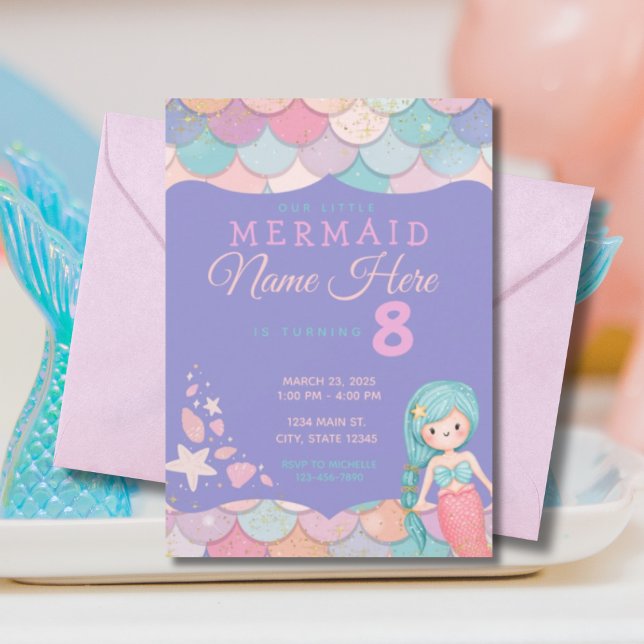 Mermaid Pastel Pink Purple Teal Girl's Birthday Invitation (Creator Uploaded)