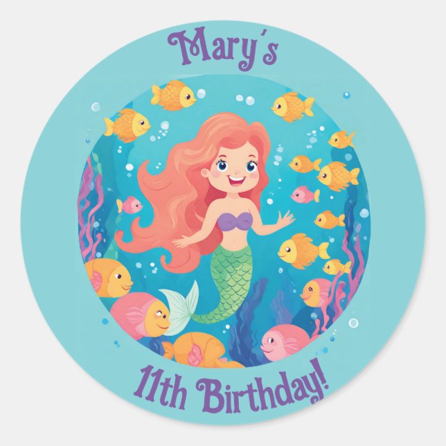 Mermaid Personalised Birthday Party Stickers (Front)