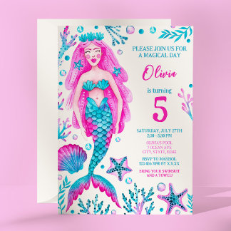 Mermaid Pink and Turquoise Girl's Birthday Party Invitation
