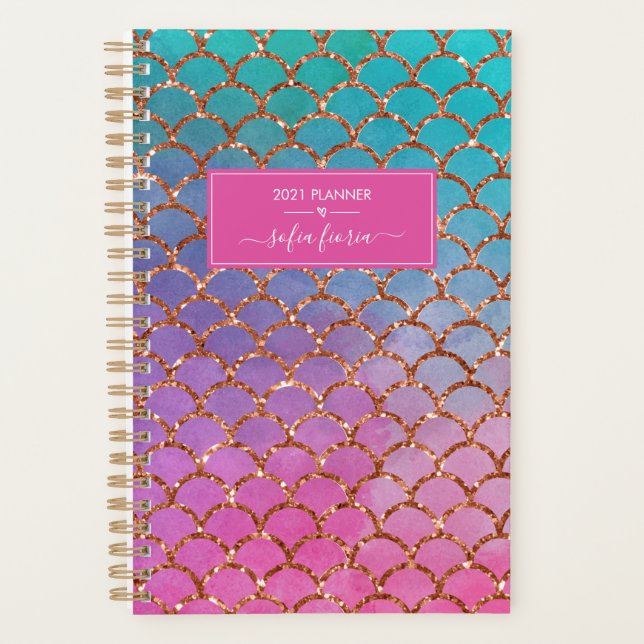 Mermaid Pink Blue Gold Glitter Script Name 2021 Planner (Front)