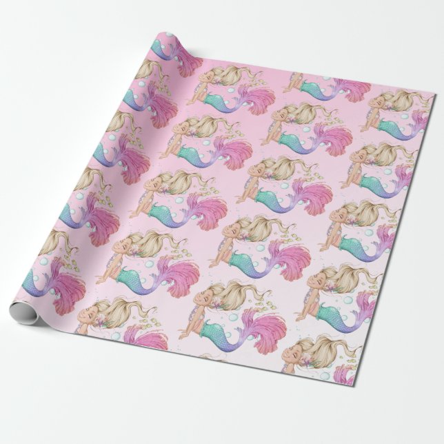 Mermaid Pink Cute Bubbles Wrapping Wrapping Paper (Unrolled)