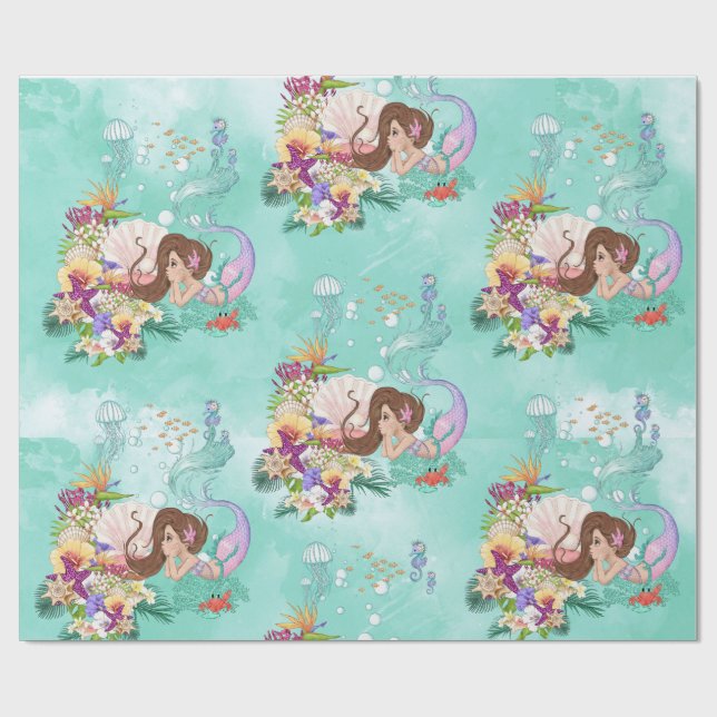 Mermaid Pink Dark Hair Seahorse Star Fish Coral  Wrapping Paper (Flat)