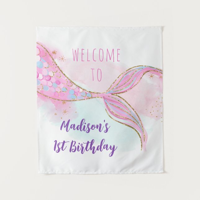 Mermaid Pink Gold Birthday Backdrop Tapestry (Front)