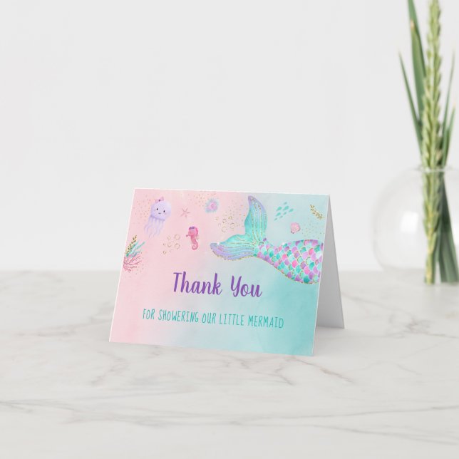 Mermaid Pink Gold Under The Sea Baby Shower Thank You Card (Front)