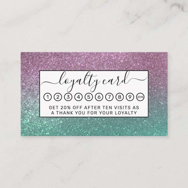 Mermaid Pink Green Sparkly Glitter Ombre Loyalty Card (Front)