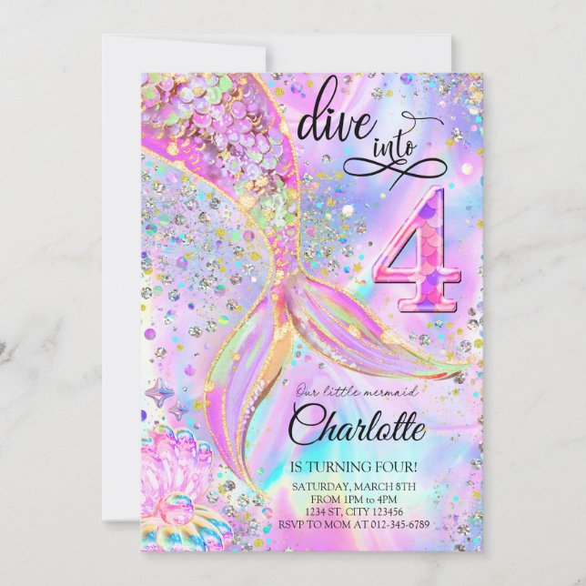 Mermaid Pink Purple Birthday Dive into Four  Invitation (Front)
