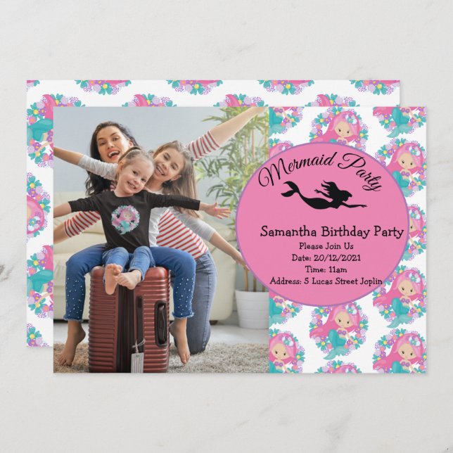 Mermaid Pink Purple Birthday Party Invitation (Front/Back)