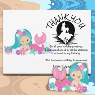 Mermaid Pink Purple Birthday Party Thank You  Invitation