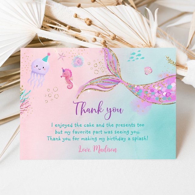 Mermaid Pink Purple Birthday Thank You Card (Creator Uploaded)