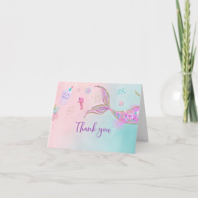 Mermaid Pink Purple Birthday Thank You Card (Front)