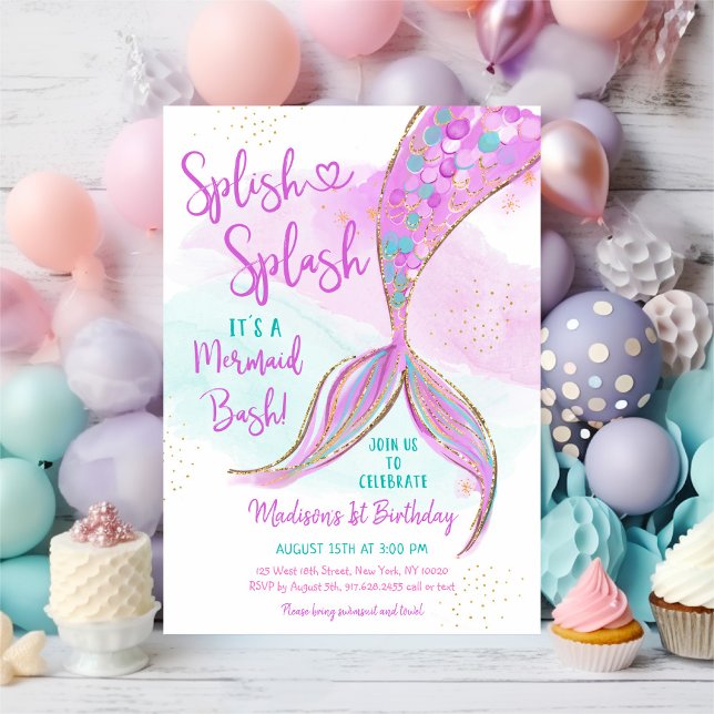 Mermaid Pink Purple Gold Watercolor Birthday Invitation (Creator Uploaded)