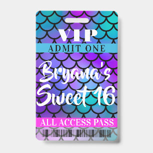 Mermaid Pink Purple Teal Party Sweet 16 VIP Pass ID Badge