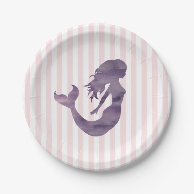 Mermaid Pink Stripe Pastel Paper Plates (Front)