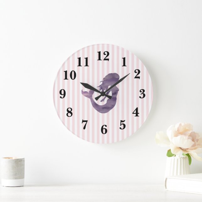 Mermaid Pink Stripe Preppy Large Clock (Home)