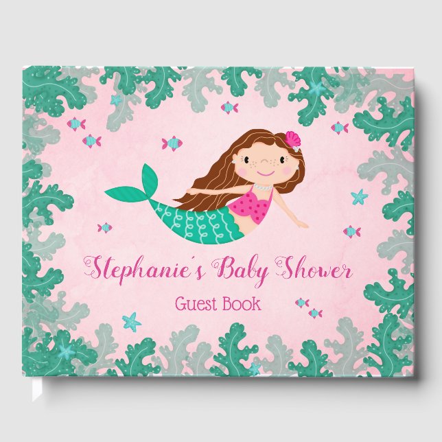 Mermaid Pink Under The Sea Baby Shower Guest Book (Front)
