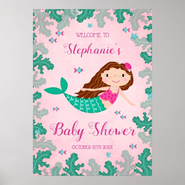 Mermaid Pink Under The Sea Baby Shower Poster (Front)