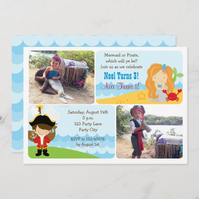 Mermaid Pirate Birthday Invitations with Photo (Front/Back)