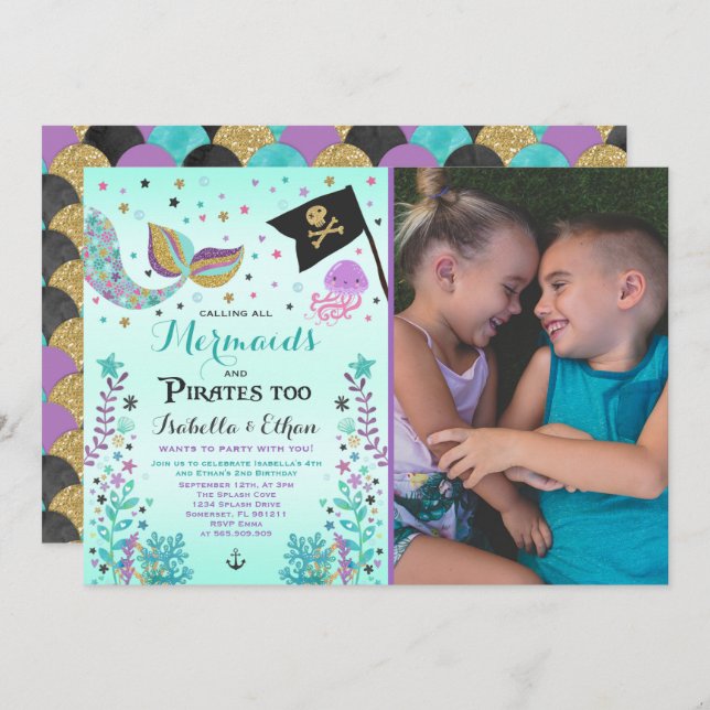 Mermaid & Pirate Birthday Sibling Boy Girl Invite (Front/Back)