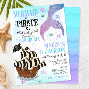 Mermaid & Pirate Boy Girl Siblings Joint Birthday Invitation