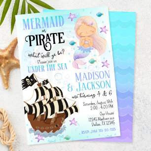 Mermaid & Pirate Boy Girl Siblings Joint Birthday Invitation