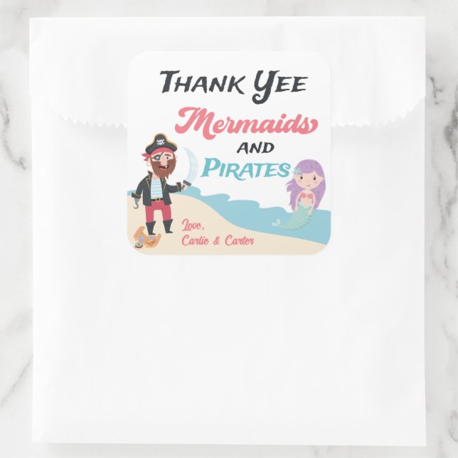 Mermaid & Pirate Joint Birthday Party Thank You Square Sticker (Bag)