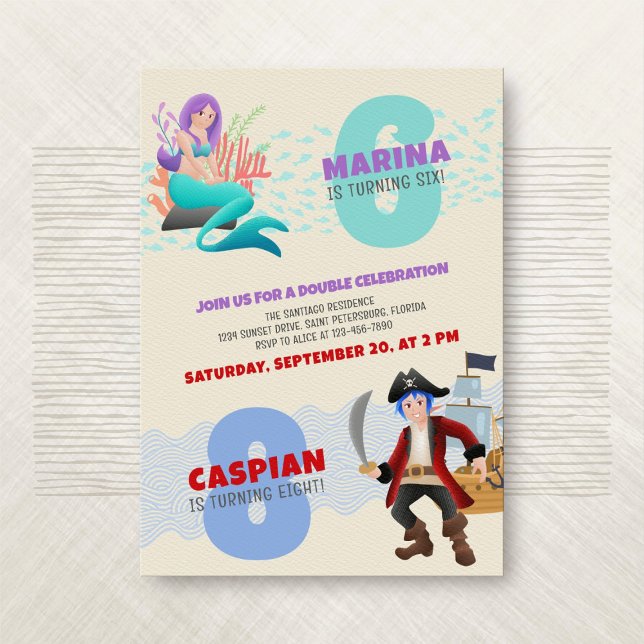 Mermaid Pirate Joint Double Birthday Invitation (Creator Uploaded)