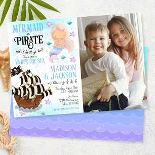 Mermaid & Pirate Photo Siblings Joint Birthday Invitation