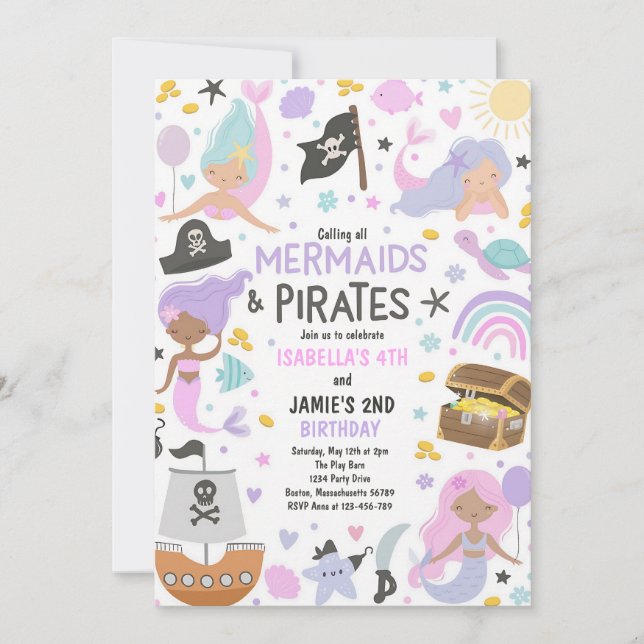 Mermaid Pirate Sibling Joint Birthday Invitation (Front)