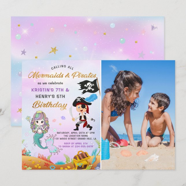 Mermaid & Pirate Under The Sea Birthday Photo Invitation (Front/Back)