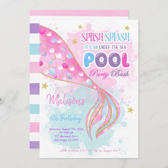 Mermaid & Pool kids Invitation (Front/Back)