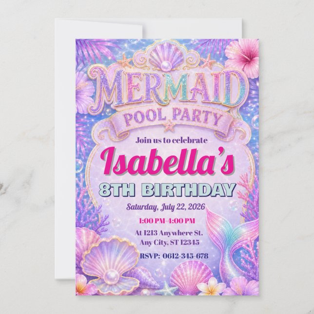 Mermaid Pool Party Birthday Invitation (Front)