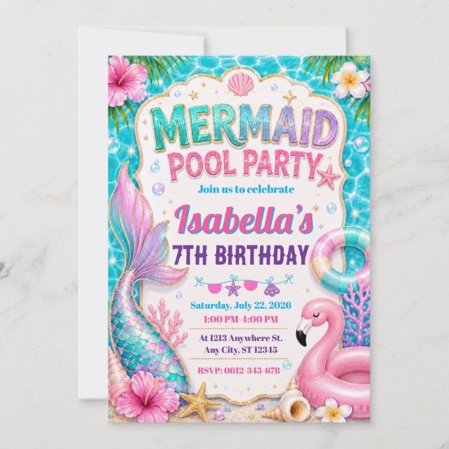 Mermaid Pool Party Birthday Invitation (Front)