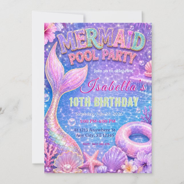 Mermaid Pool Party Birthday Invitation (Front)