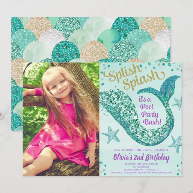 Mermaid pool party birthday teal gold purple photo invitation (Front/Back)