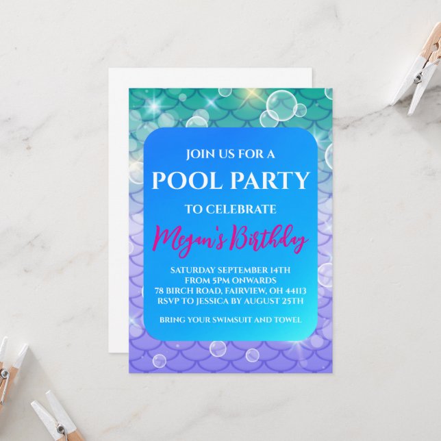 mermaid pool party invitations (Front/Back In Situ)