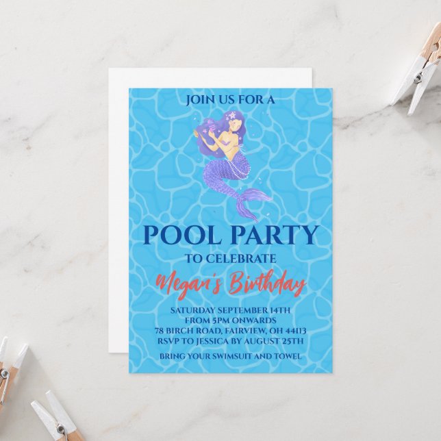 mermaid pool party invitations (Front/Back In Situ)