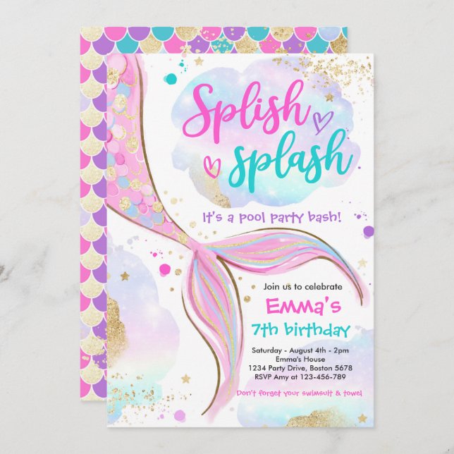 Mermaid Pool Party Pink Mermaid Under The Sea Invitation (Front/Back)