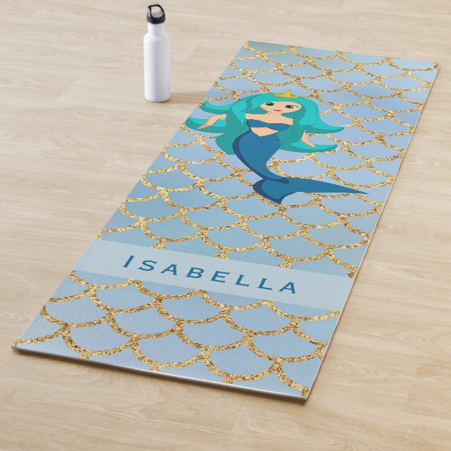 Mermaid princess blue purple teal scales girl yoga mat (In Situ)