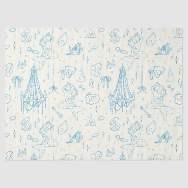 Mermaid Princess Ocean Fantasy Blue Toile Pattern Tissue Paper (Front)