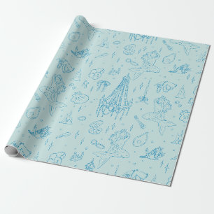 Mermaid Princess Ocean Fantasy Blue Toile Pattern Wrapping Paper