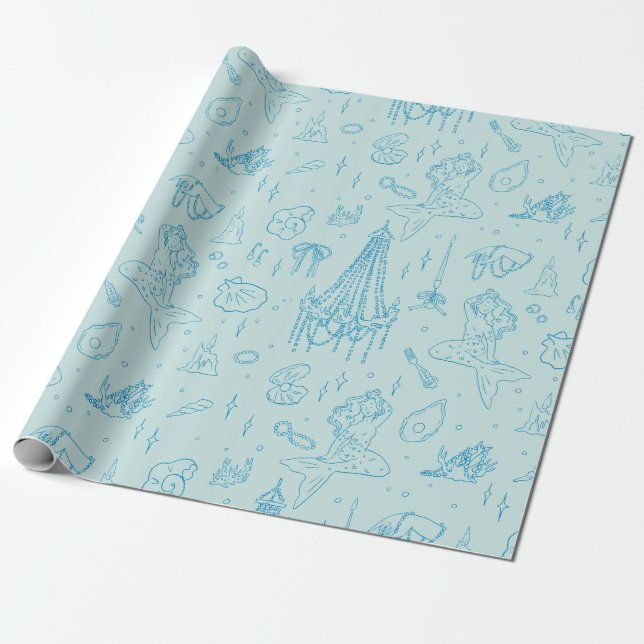 Mermaid Princess Ocean Fantasy Blue Toile Pattern Wrapping Paper (Unrolled)