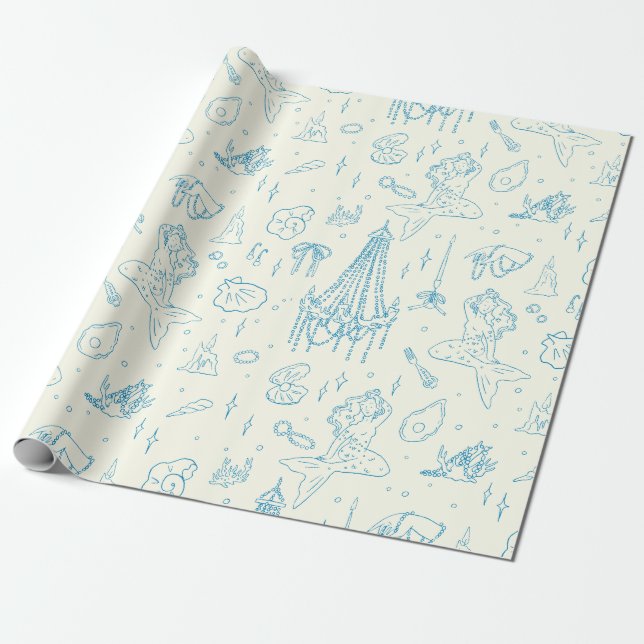 Mermaid Princess Ocean Fantasy Blue Toile Pattern Wrapping Paper (Unrolled)