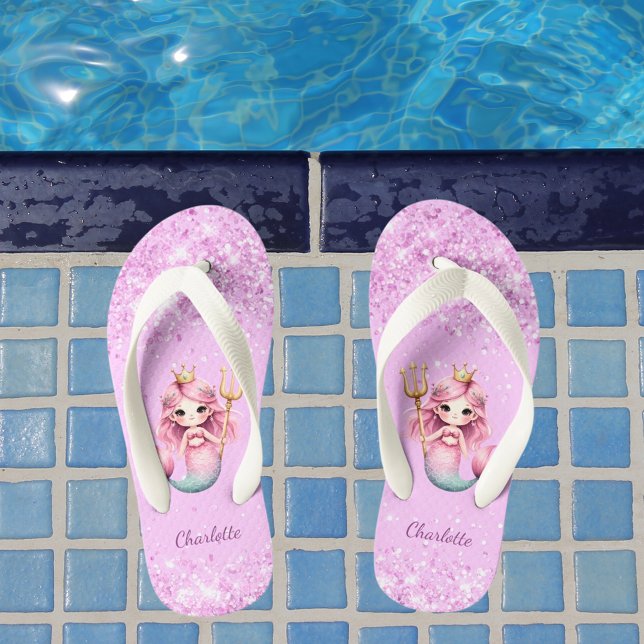 Mermaid princess pink glitter name girl  kid's jandals (Creator Uploaded)